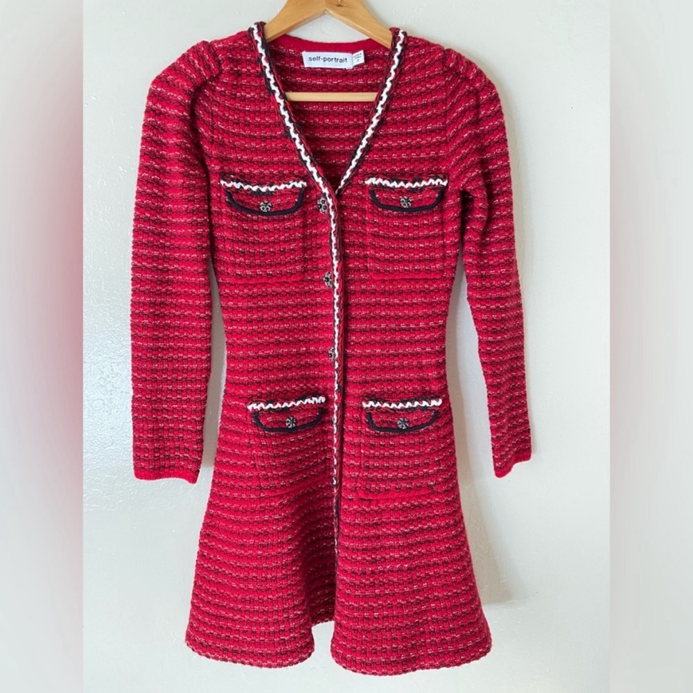 Self Portrait Red Knit Melange Tweed Dress